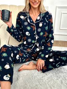 SHEIN Cottnline Christmas Print Contrast Piping Lounge Set - Blue - View 1