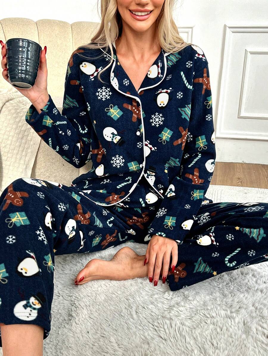 SHEIN Cottnline Christmas Print Contrast Piping Lounge Set - Blue - View 1