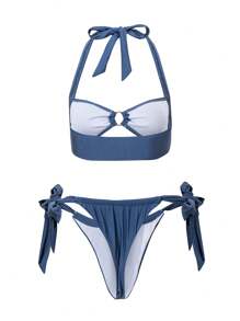 SHEIN Swim Bộ đồ bơi hai mảnh buộc cổ cho nữ, thiết kế tối giản, cho kỳ nghỉ hè ở bãi biển - Màu xanh lam - Xem 2