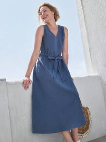 EMERY ROSE Effen V-hals mouwloze damesjurk met geknoopte taille en halfhoge taille