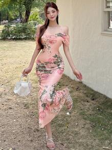 DAZY Women's Ditsy Floral Print Waist-Cinched Off Shoulder Chiffon Fish Tail Midi Dress - Pink - View 10