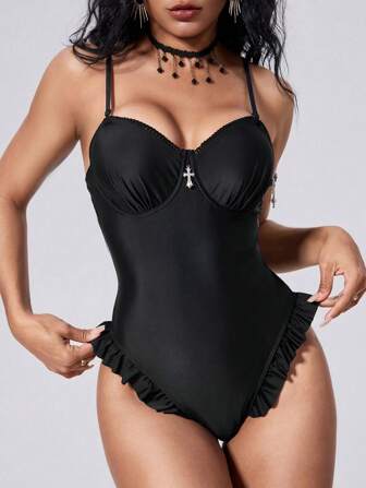 Goth Women's Cross Pendant Frill Trim One-Piece Swimsuit, For Summer Beach Vacation
