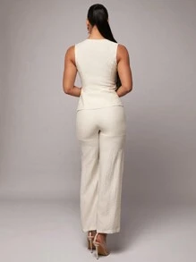 Silquee Women Summer Solid Color Single-Breasted Vest & Pants Suit Office Commuting Set, Autumn/Winter Suit, Spring/Summer Linen Tops + Trousers