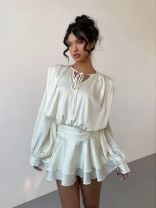 Aloruh 全新性感女式杏色多层荷叶边下摆设计迷你连衣裙，适合化妆舞会、派对、活动 - 杏色 - 查看 4