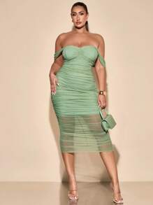 SHEIN BAE Plus Size Women Off Shoulder Green Mid-Length Dress, Suitable For Casual, Outing, Date, Afternoon Tea, Vacation, Spring/Summer, Spring Outfits For Women, Summer/Summer Outfits For Women, Festival/Concert Outfit Women/Rave Outfits Festival/ Rave Outfits/, Spring Break Outfits, Graduation Dress, Graduation Dress, Mesh Dress - Green - View 2