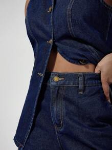 COSMINA Women's Single-Breasted Denim Vest And Shorts Casual Suit, Old Money, Vintage, Fall Women Clothes - Dark Wash - View 6