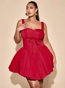 SHEIN BAE Plus Size Women's Spring/Summer Solid Red Sexy Elegant Square Collar Lace Splice Bodycon Bubble Hem Mini Dress, Suitable For Ball Gowns And Everyday Wear - Red - View 6