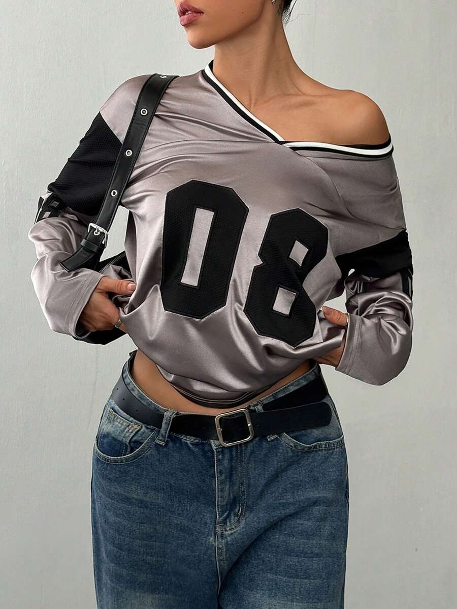 Lunelith SHEIN Lunessa T-shirt ample à manches longues pour femmes avec applique en maille numérotée