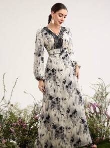 Al Najma V-Neck Ruffle Patchwork Swing Long Sleeve Arabic Style Dress For Women,Modest