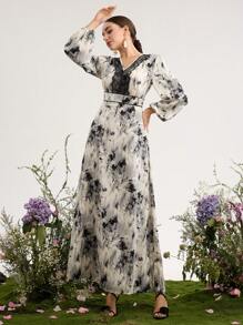 Al Najma V-Neck Ruffle Patchwork Swing Long Sleeve Arabic Style Dress For Women,Modest