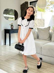 SHEIN Preteen Girls' Sweet Office Textured Fabric Collared Dress - White - View 4