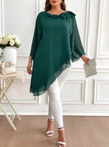 Reflora 曲线款加大码女式绿色圆领蝴蝶结双层下摆浪漫优雅T恤，适合外出、情人节、情侣、夏季、春季、复古、职场女性、老钱风格女性、办公室、度假、情人节、夏季女士优雅衬衫 - 綠色 - 查看 1