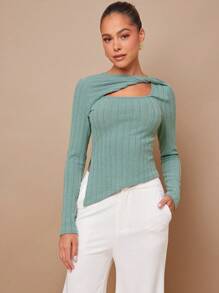 L'Amorae Women Solid Color Hollow Out Casual Slim Fit Long Sleeve Blouse - Green - View 3