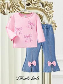 SHEIN 2 Pcs Baby Girl Spring/Autumn Cute Bow Print Long Sleeve Top And Ruffled Bow Decor Flared Jeans Pants Set - Baby Pink - View 7