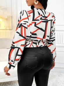 SOLERSUN Women's Geometric Print Ruffle Long Sleeve Fashionable Blouse