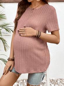 SHEIN Maternity Solid Color Round Neck Short Sleeve Casual T-Shirt - Pink - View 1