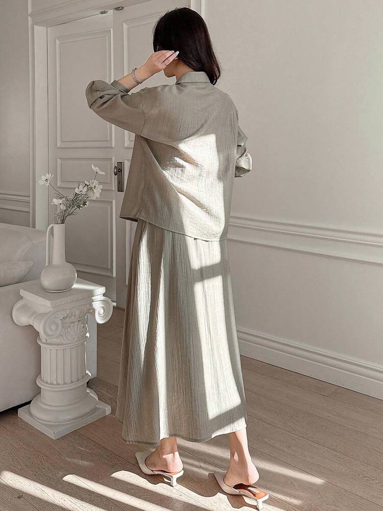 Set de 2 piezas de blusa holgada y falda de unicolor elegante para mujeres, atuendos de primavera, maestras, ropa de mujer para otoño