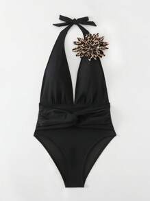 Swim Vcay Women's Sexy Deep V Neck Casual Twist Black Knitted Holiday One-Piece Swimsuit - Black - View 5