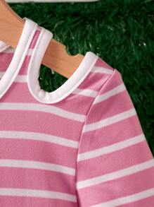 SHEIN Young Girl Casual Striped Short Sleeve Dress - Pink - View 3