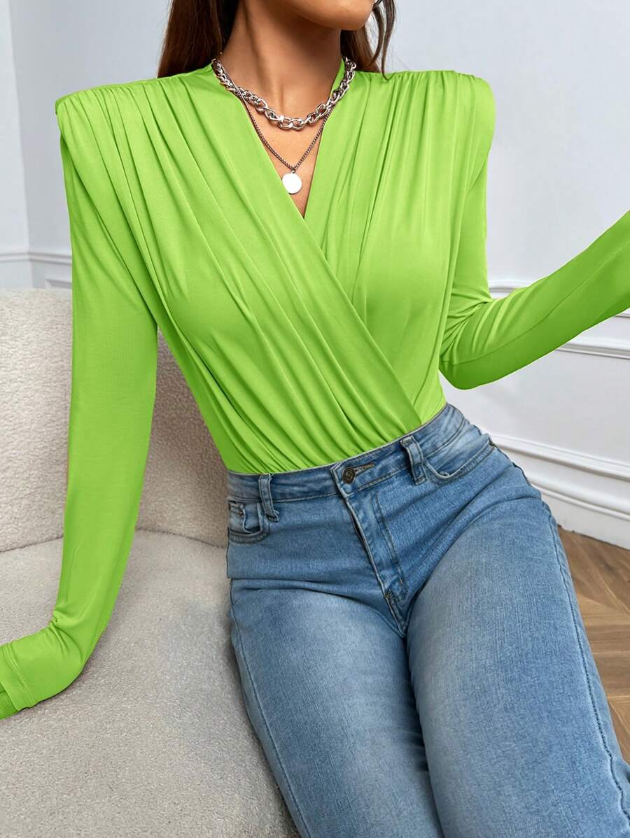 SHEIN Privé Women's Ruched Casual Long Sleeve Surplice Bodysuit - Green - View 1