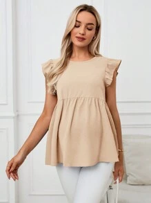 SHEIN Top suelto para embarazadas de manga larga con cuello en V y volantes, de estilo casual de ciudad para el verano - Albaricoque - Ver 4