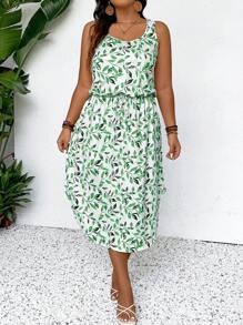 SHEIN Frenchy Váy Hawaii thường ngày dài đến giữa bắp chân cỡ lớn cho nữ có viền xòe - màu xanh lá - Xem 6