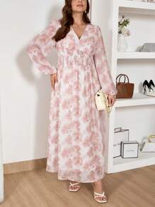 SHEIN Frenchy Vestido elegante de mujer de manga farol larga con estampado floral, vestido elegante de mujer para primavera de talla grande