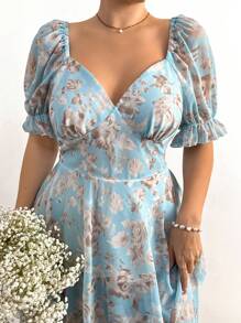 Flirla Plus Size Boho Fashionable Backless Lace-Up Waist Printed Dress, For Summer - Multicolor - View 2