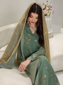 Al Najma 刺绣亮片撞色拼接V领开衩下摆迷人连衣裙 - 綠色 - 查看 4