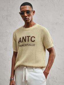 AKNOTIC Party Herren Strickpullover mit Buchstabenprint und Perforation, figurbetont, Rundhalsausschnitt, Kurzarm, geeignet für den täglichen Gebrauch und den Urlaub, Frühling/Sommer - Khaki - Übersicht 1