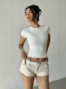 Aloruh 女式白色迷你短裤（配腰带），秋冬季性感夜店装 - 米色 - 查看 7