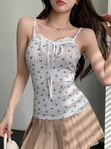 Women's Lace Panel Spaghetti Strap Minimalist Casual Top, Everyday Wear Floral Tank Tops,Boho Tops - White - View 2