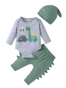 Set de 3 piezas de ropa casual unisex para bebés, incluye un mono con gráfico de dinosaurio y letra, pantalones de color liso y gorro, de tela suave, adecuado para vacaciones, viajes, escuela, diario, deportes, primavera/verano