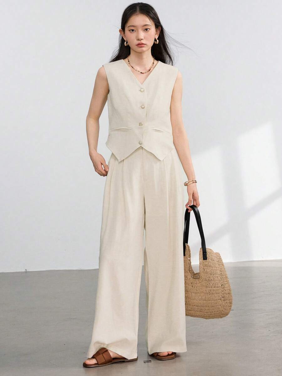 Dazy-Less 2 Pieces Set Minimalist Business Style Suit For Women Old Money Style Linen - Beige - View 1