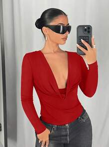 SHEIN ICON Women's Simple Long Sleeve Metallic Shiny Sexy Plunging Neckline T-Shirt