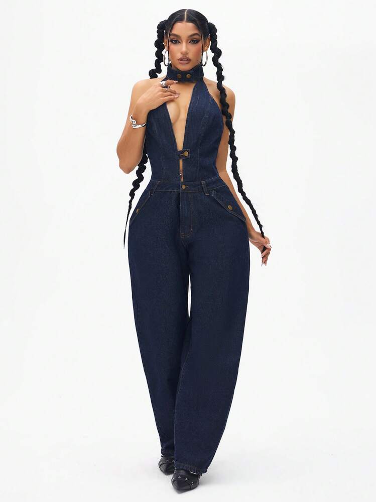 SHEIN Unity Y2K Street Style Deep V-Open Raw Denim Jumpsuit For