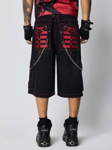 ROMWE MEN Grunge Punk Men's Punk Striped Cargo Pocket Wide Leg 3/4 Jeans Pants - Black - View 7