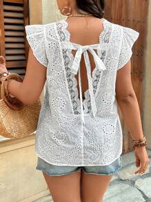 Breezaya Blusa casual de cuello en V con espalda hueca, plisada, con volantes y bordados en talla grande - Blanco - Ver 5