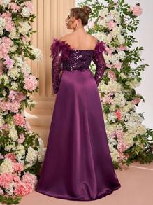 Glamrae 大码优雅浪漫紫色露肩长袖透视奢华亮片拼接 A 字长礼服、婚礼宾客礼服（羽毛肩）、派对礼服、晚礼服、长袍 - 淺灰紫 - 查看 4