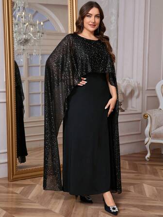 SHEIN Privé Elegant romantiskt mode för kvinnor pendla klänning i sexig stil, lämplig för fest, semester, tillbaka till skolan, romantisk dejt, bröllop och födelsedag, glänsande Cape Bodycon Maxi svart klänning