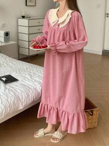 DAZY Jolie chemise de nuit à manches volantées à carreaux avec volants - Rouge - Voir 3