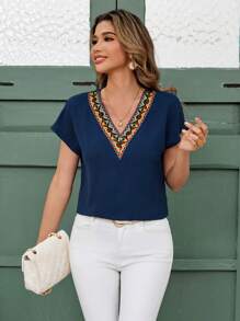 SHEIN Clasi Vintage Inspired Navy Top With Vibrant Embroidery, V Neck, Short Sleeves, Perfect For Summer,Summer Tops