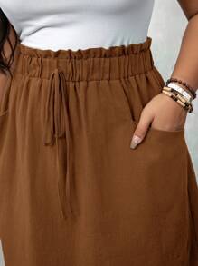 SHEIN LUNE 加大码弹力腰荷叶边口袋裙 - 棕色 - 查看 6