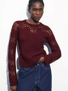 Maija Spring And Summer New Urban Modern Elegant Burgundy Hollow Crochet Texture Flower Women's Woolen Sweater Top Suitable For Daily Casual Outings Holiday Festival Party 90s Women's Clothing Retro Old Money Bohemian Music Festival