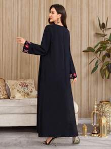 Al Najma 女士几何刺绣 V 领长袖阿拉伯连衣裙，朴素的卡夫坦