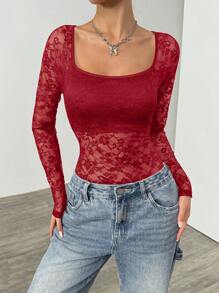 Muchica 红色蕾丝女式高领长袖紧身衣 - 紅色 - 查看 5