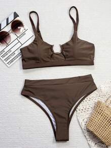 SHEIN Swim 女士纯色环连性感比基尼泳装比基尼套装，适合夏季海滩度假 - 咖啡棕 - 查看 4
