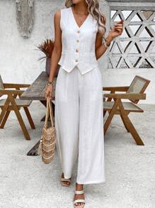 EMERY ROSE Conjunto de chaleco y pantalones de un solo boton en color solido para mujer