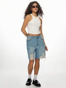 MISSGUIDED High Rise Distressed Knee Length Bermuda Denim Shorts Ripped Raw Hem Summer Casual Street Style Y2K Fashion - Blue - View 4