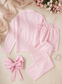 3pcs/Set Teenage Girls Casual Comfortable Pink&White Plaid Camisole Top And Pants Long Sleeve Pajama Set Spring Summer Clothes Girls Cute Sets Girls Outfit Sets Young Girls Sets Pj Sets For Girls Girl Clothes Sets Eid Mubarak